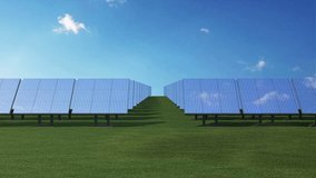 Animation of Modern Solar Panels Farm on beautiful Green Grass with Sunshine and Flowing Clouds on a Blue Sky. Alternative Energy Concept. HQ Animation Full HD 1920x1080 Video Clip