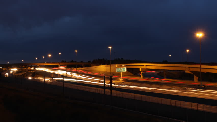 Interstate highway, I-25, in Denver at night. HD 1080p timelapse.