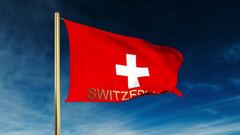 Switzerland flag slider style with title. Waving in the wind with cloud background animation