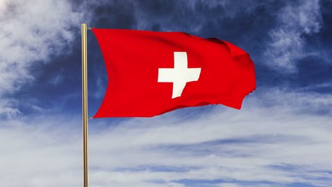 Switzerland flag waving in the wind. Looping sun rises style.  Animation loop. Green screen, alpha matte. Loopable animation