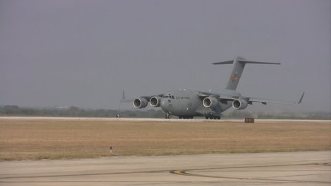 Video of C-17 Globemaster III aircraft in flight at Randolph AFB Texas. Air Force cargo transport aircraft built by Boeing Aircraft. Multiple segments. .