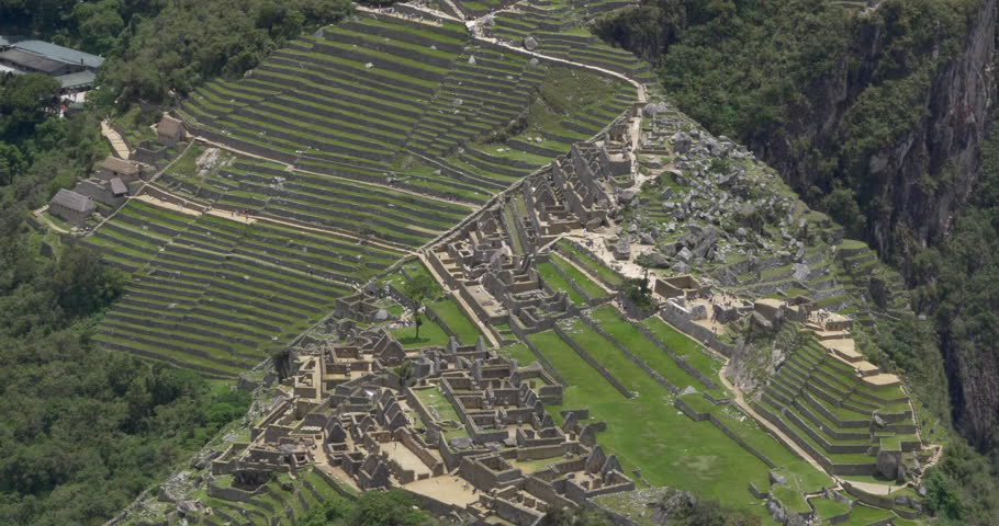 Birdseye close up view of Machu Picchu, Peru.