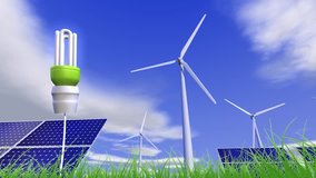 Green Energy - Light bulb, Solar Panels and Wind Turbines