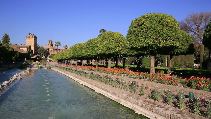 Alcazar palace gardens and fountains in Cordoba, Andalusia Spain