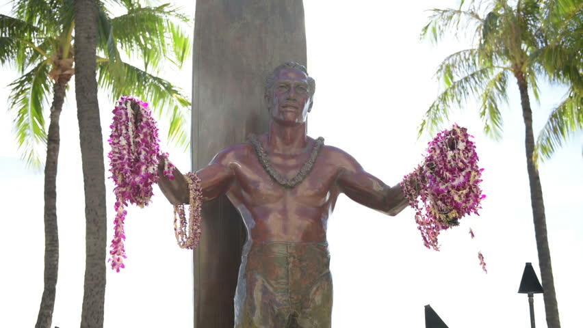 Hawaii Waikiki Beach in Honolulu on Oahu. Famous tourist attraction and surfing landmark, the statue of Duke Kahanamoku.