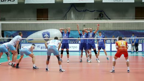 MOSCOW, RUSSIA - FEBRUARY 25, 2015: Volleyball Championship match between teams "Dynamo" (Moscow) - "Gazprom-Yugra" (Surgut district).