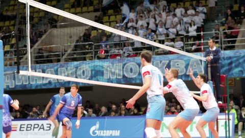 MOSCOW, RUSSIA - FEBRUARY 25, 2015: Volleyball Championship match between teams "Dynamo" (Moscow) - "Gazprom-Yugra" (Surgut district).
