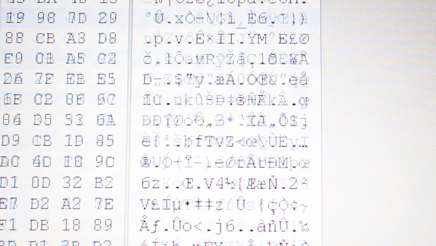Hexadecimal program code on screen. Animated background of moving binary code numbers.