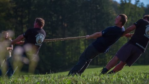 SENTJUR, SLOVENIA - OCTOBER 2014: Black team giving there best in tug war. Close up footage of a tug war black team giving there bast in tug war in the middle of country side on sunny summer day
