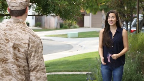 Military man returns to his wife after deployment overseas. Shot in Murietta, California in November of 2013.