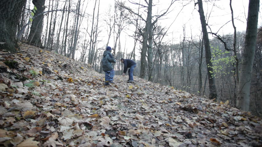 father and son playing with leaves in the woods 