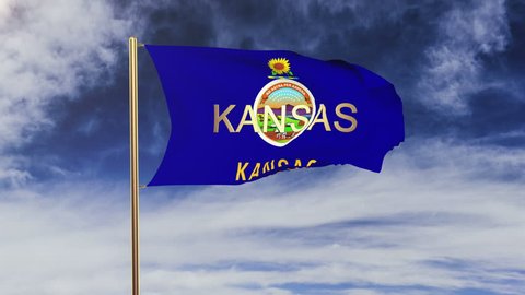 kansas flag with title waving in the wind. Looping sun rises style.  Animation loop