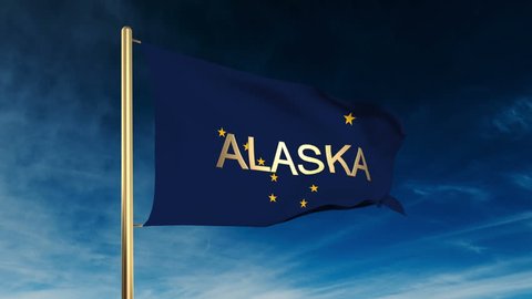 alaska flag slider style with title. Waving in the wind with cloud background animation
