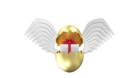 Easter Concept. 4K Animation of Broken Golden Easter Egg with Gift Box and Angel White Wings on different backgrounds. 4K 3840x2160 HQ Seamless Looping Video Clip with Alpha Matte and Green Screen