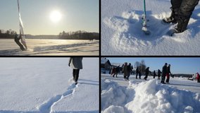 Ice surfer sailing on frozen lake. Woman draw heart shape on snow in love with winter. Icehole drill. People skate on ice. Montage of video footage clips collage. Split screen. Black angular frame.