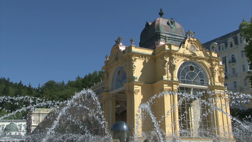 Pseudo-Baroque cast iron unique City Colonnade in Marianske Lazne (West Bohemia, Czech) with fountain. Dayview. Loop ready.
