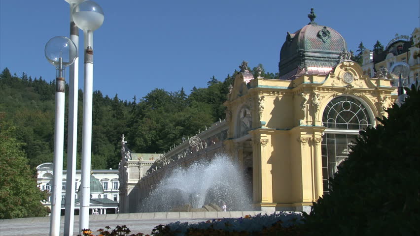 Pseudo-Baroque cast iron unique City Colonnade in Marianske Lazne (West Bohemia, Czech) with fountain. Dayview.
