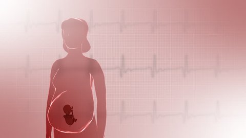 3d rotating pregnant woman in 2nd trimester with fetus on ecg background. Seamless loop.