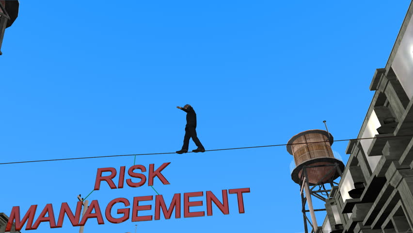 Businessman Tightrope over Risk Management text.