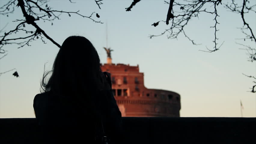 ROME - CIRCA march 2015 - girl with camera in front of castle, circa March 2015 in Rome