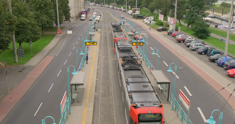 Cologne or Koln, Germany, Europe. Modern tram city transport. Urban streets public transportation. Rail tramway train vehicle. Road electric railway traffic. European ecological railroad metro station