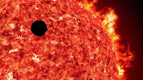 Mercury or Venus transit the sun with solar wind and coronal mass ejection in 4k UHD close up shot. 11614 
