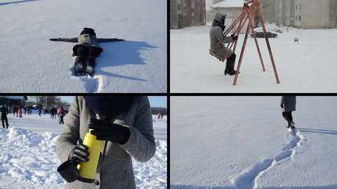 Woman make angel and heart shape on snow. Blizzard snow fall and girl on swing. Drink tea from thermos. In love with winter. Montage of video footage clips collage. Split screen. Black angular frame.