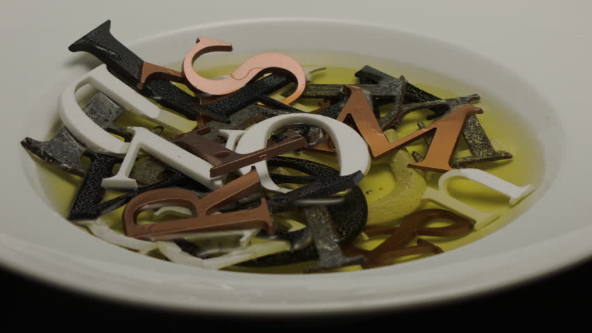 LIGHT HEARTED TAKE ON THE CLASSIC BOWL OF ALPHABET SOUP.  THIS BOWL IS RUGGED VERSION WITH HUGE PLASTIC LETTERS IN A CHICKEN BROTH.  WACKY.