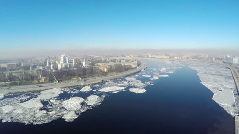 St. Petersburg, Russia. Spring. Flying over the Neva river. View of the Smolny Cathedral. 