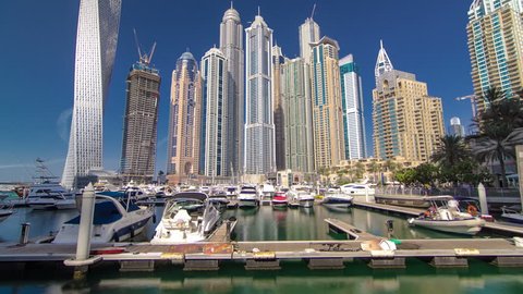 Dubai Marina with skyscrapers and boats in Dubai, United Arab Emirates Timelapse Hyperlapse