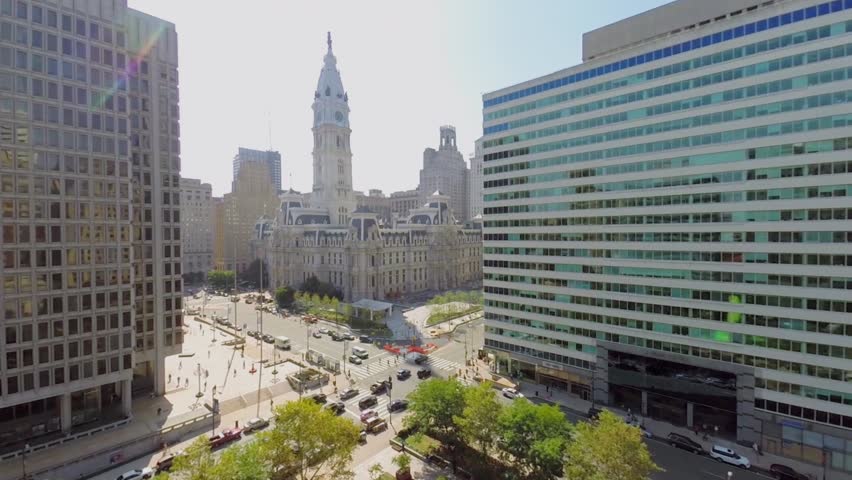 PHILADELPHIA - SEP 02, 2014: Transport traffic on crossroad near Philadelphia City Hall at autumn sunny day. Aerial view