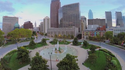 PHILADELPHIA - SEP 02, 2014: Logan Square with Swann Fountain and Cathedral Basilica of Sts. Peter and Paul at autumn evening. Aerial view. Square was built in 1683.