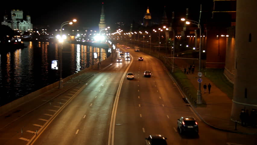 Moscow night road near Kremlin - timelapse