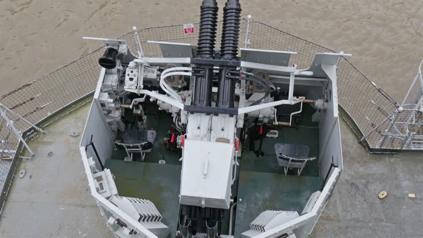 Top view of the artillery cannon in the warship. Located on the front edge of the Belfast