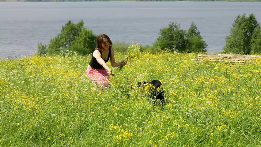 Girl with flowers playing with dog in the meadow 