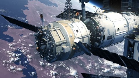 Spacecraft Docking To Space Station. 3D Animation.