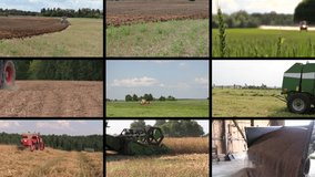 Various seasonal agricultural works. Farm machinery in field. Montage of video clips collage. Split screen. Black angular frame. 4K UHDTV 2160p