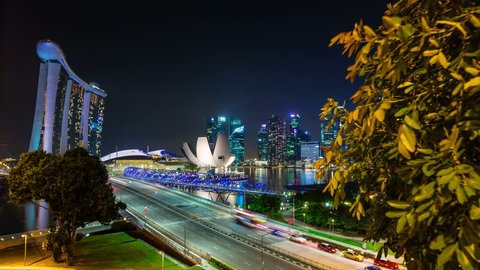 SINGAPORE, SINGAPORE - october 2014: traffic road night light famous marina bay sands hotel 4k time lapse circa october 2014 singapore, singapore.