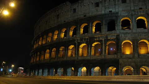Highway, Coliseum at night. Rome, Italy. Time lapse.