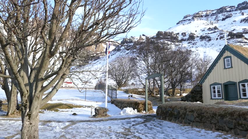 Hofskirkja in winter, Skaftafell, Iceland. This church was built in 1884 and was the last turf church built in the old style, which are preserved as historical monuments.