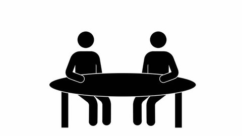 Pictogram characters talking at a table.
