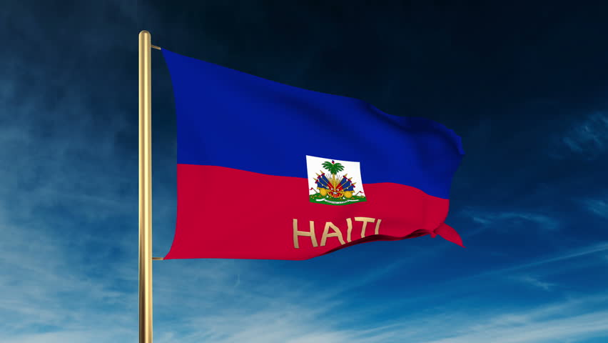 Haiti flag slider style with title. Waving in the wind with cloud background animation
