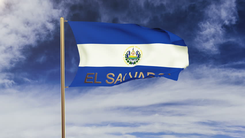 El Salvador flag with title waving in the wind. Looping sun rises style.  Animation loop