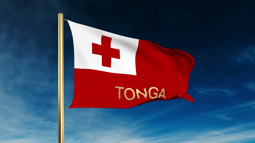 Tonga flag slider style with title. Waving in the wind with cloud background animation