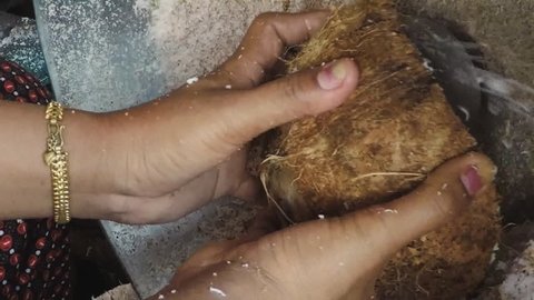 Woman removing the pulp of coconut  in siem reap cambodia recorded at 240fps