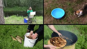 Woman with cat pet fishing in pond. Hands take fresh fish from bucket. Hand take smoked fish smokehouse. Montage of video footage clips collage. Split screen. Black angular frame. 4K UHDTV 2160p