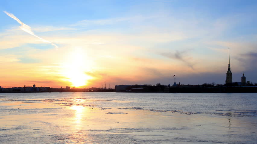 Sunset on the Neva River in St. Petersburg, Russia. Full HD
