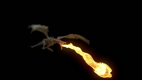 Realistic Dragon flying and breathing fire. Looped clip with alpha channel.