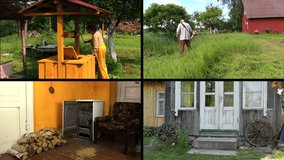 Senior woman draw water from well. Gardener cur grass. Man carry firewood. Girl broom stair. Montage of video footage clips collage. Split screen. Black angular frame. 4K UHDTV 2160p