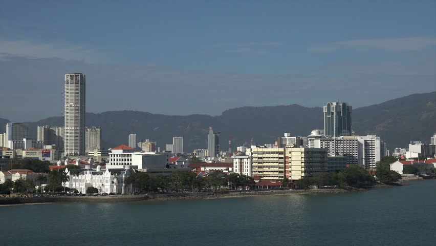Tracking aerial view of historic George Town skyline, Penang, Malaysia, Asia